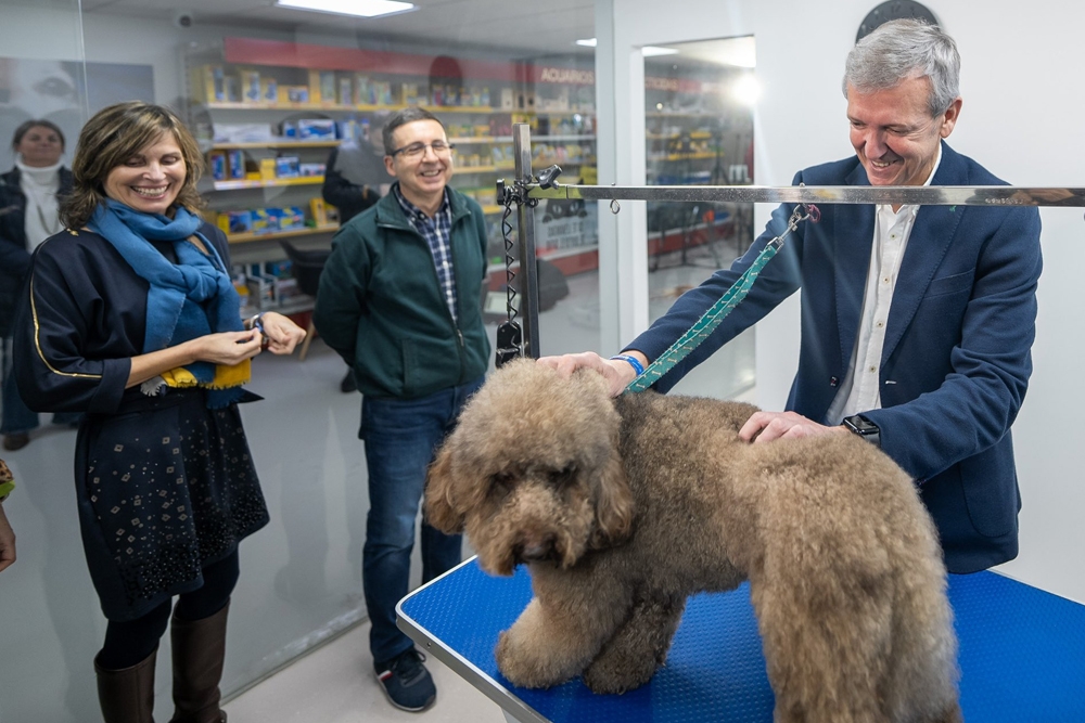 Alfonso Rueda, presidente en funciones de la Xunta de Galicia y candidato del PP a las elecciones, ha visitado una clínica veterinaria en Pontevedra.