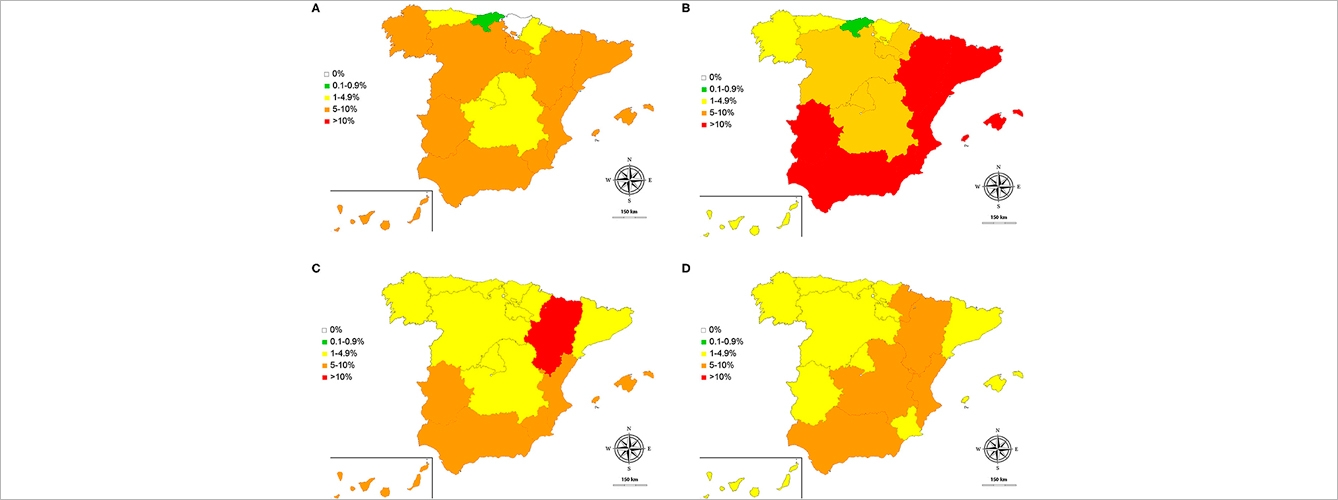 Prevalencias obtenidas de D. immitis (A) y seroprevalencias de L. infantum (B) , A. platys (C) y E. canis (D) en España.
