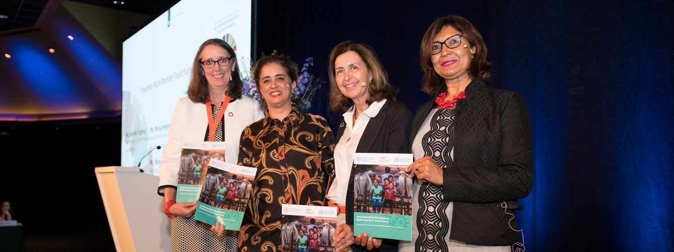 De izq a decha: Jennifer Topping (PNUD), Hanan Balkhy (OMS), Monique Eloit (OIE) y Maria Helena Semedo (FAO) en el lanzamiento del Fondo en los Países Bajos el 19 de junio de 2019.