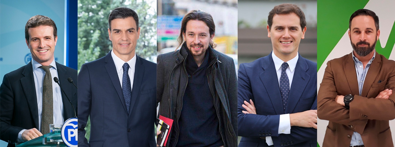 De izq a decha: Pablo Casado (PP), Pedro Sánchez (PSOE), Pablo Iglesias (Podemos), Albert Rivera (Ciudadanos), y Santiago Abascal (VOX).
