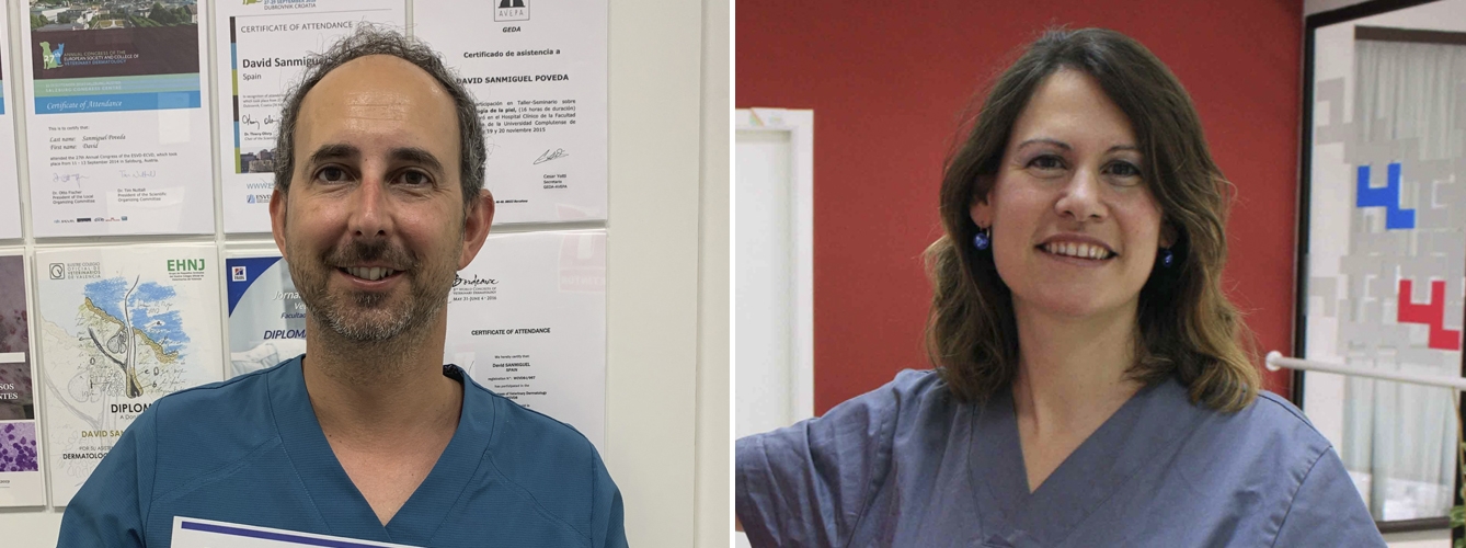 David Sanmiguel, primer clasificado, y Amagoia Íñiguez, segunda clasificada en la categoría 'Casos Clínicos Cytopoint®' de FotoVetDerma.