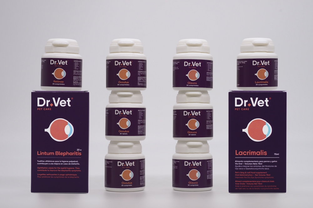 Imagen de los productos de la línea de oftalmología veterinaria de Dr+Vet.