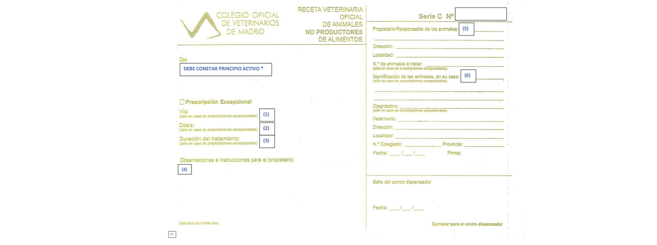 Ejemplo de receta del Colegio de Veterinarios de Madrid para animales no productores de alimentos.