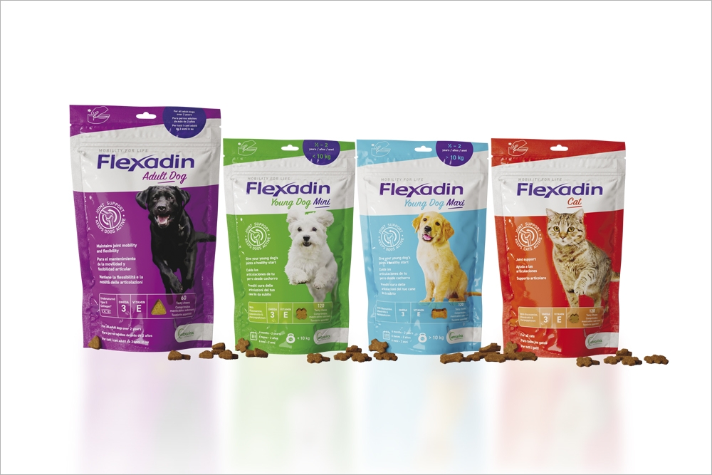Flexadin es la marca de alimentos complementarios diseñados para ayudar a las articulaciones de perros y gatos de Vetoquinol.