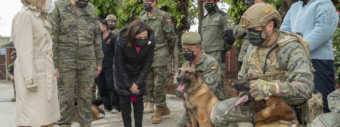 Margarita Robles, ministra de Defensa, durante la visita interesándose por un perro.